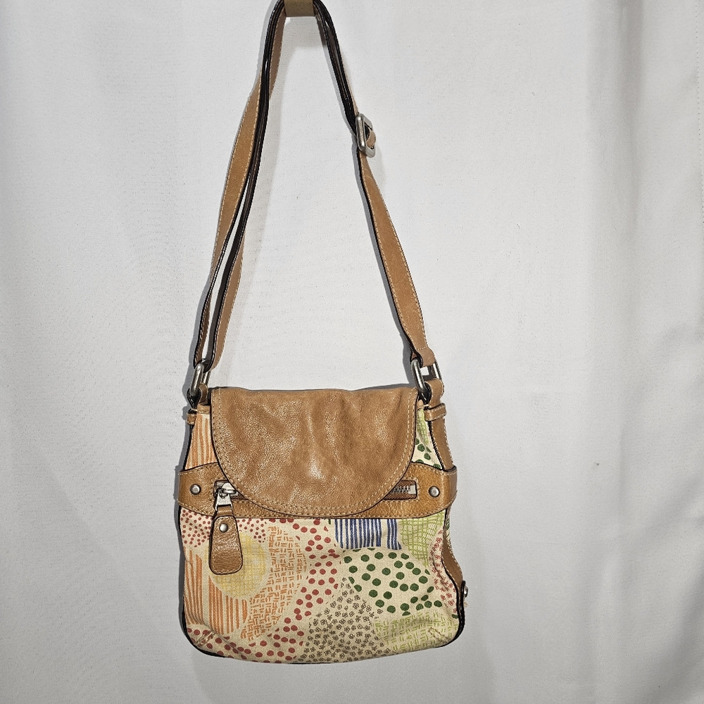 Fossil‎ Thick Cotton Canvas Leather Crossbody Bag Floral Geometric Leather Strap